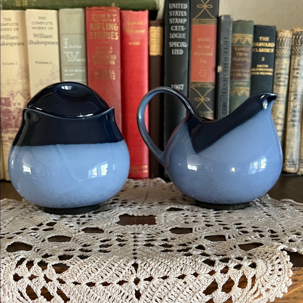 Vintage Sango Nova Blue Creamer & Lidded Sugar Bowl Japan Stoneware Home Decor